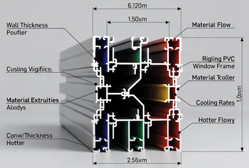 Cross-section analysis of a custom plastic extrusion profile demonstrating wall thickness uniformity, differential cooling rates, and structural performance in rigid PVC window profiles. Cross-section analysis of a custom plastic extrusion profile demonstrating wall thickness uniformity, differential cooling rates, and structural performance in rigid PVC window profiles.