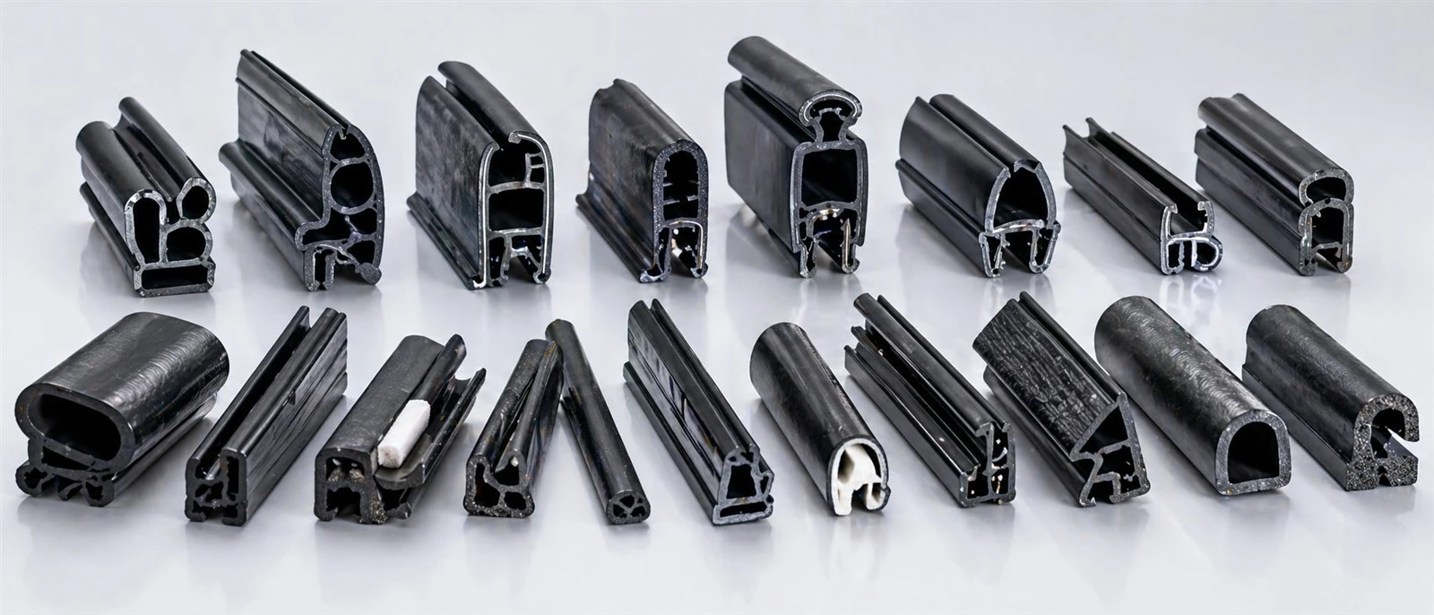Custom automotive plastic extrusion profiles showing various cross-sections used in vehicle sealing and trim systems Custom automotive plastic extrusion profiles showing various cross-sections used in vehicle sealing and trim systems